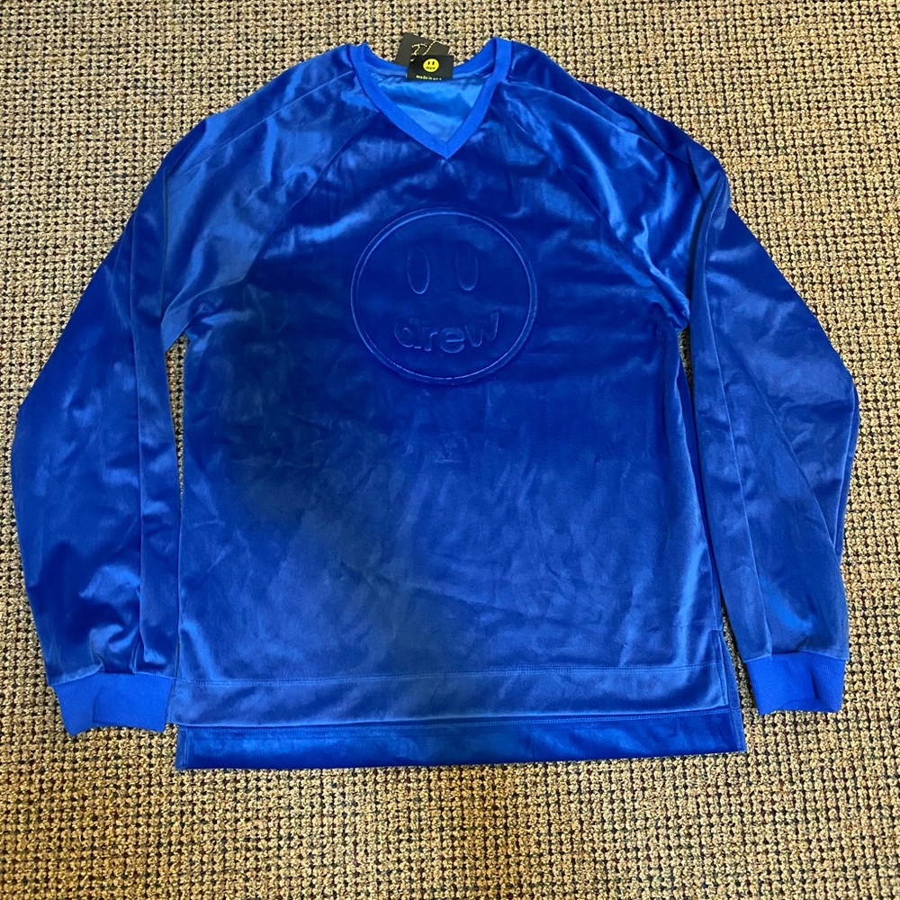 Drew House Mascot V Neck Velvet Blue Oversized Pullover Shirt Size Small